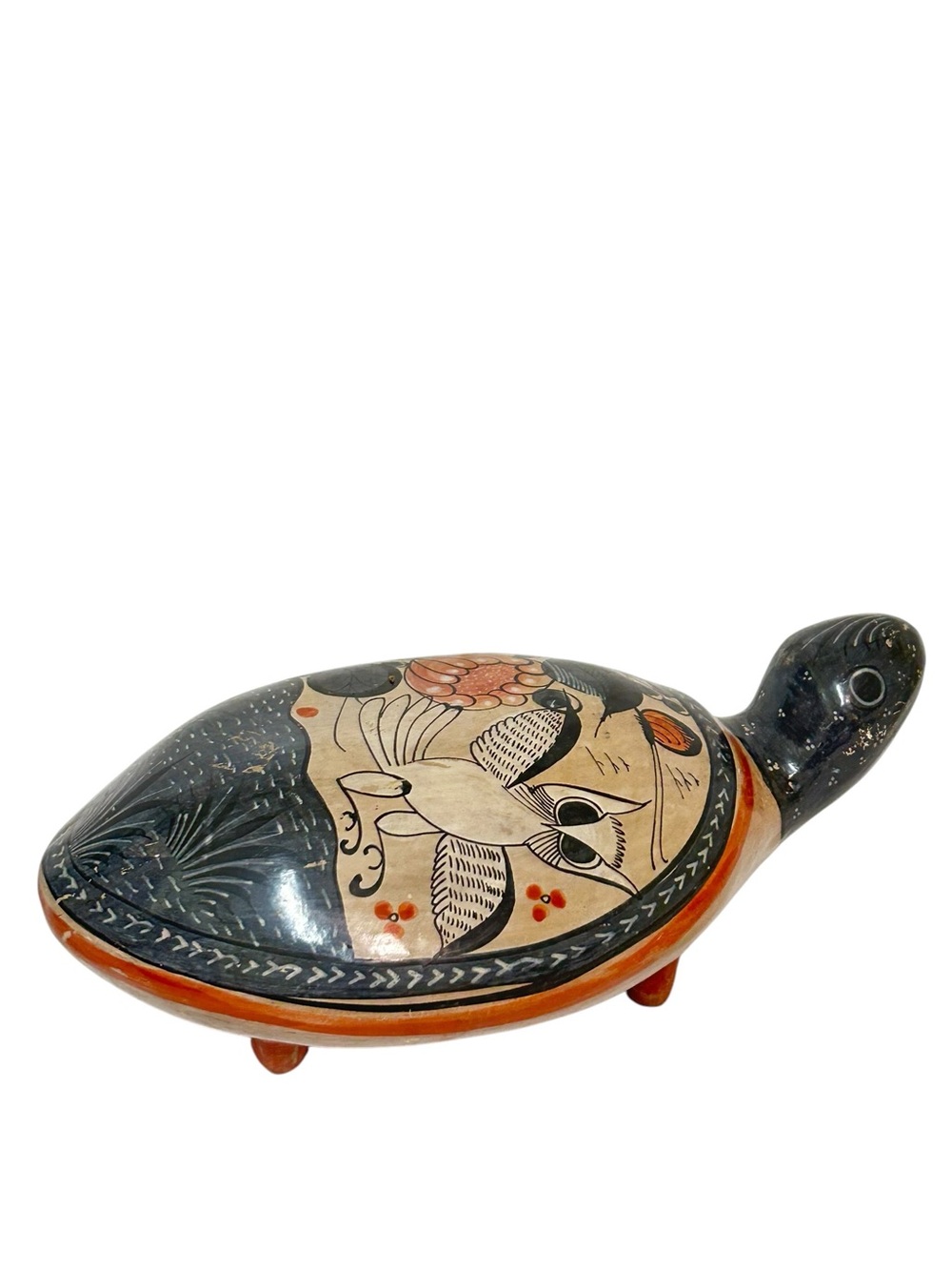Signed R Mateos Large Handpainted Tonala Turtle Figurine